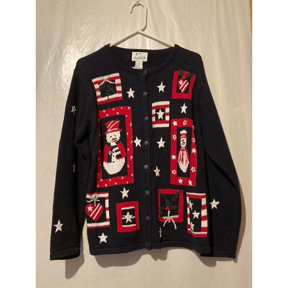 Quacker Factory Christmas Cardigan Red White &‎ Blue ~ Snowmen Stars MEDIUM